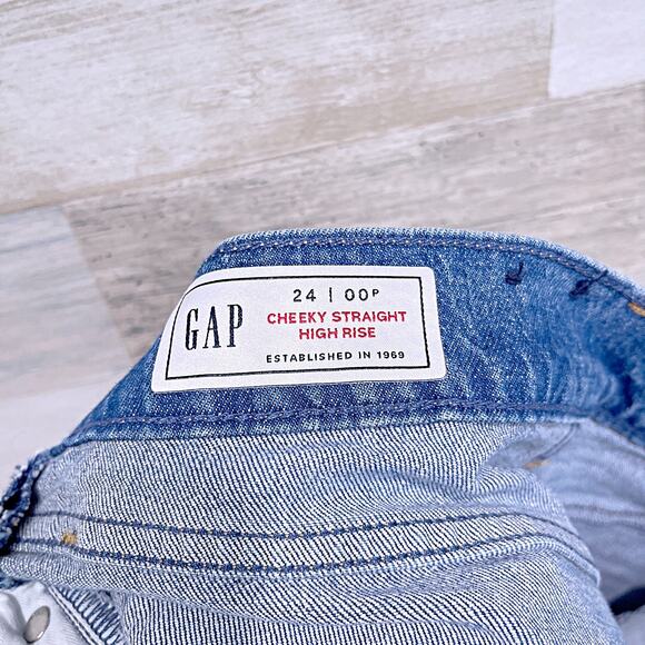 GAP High Rise Cheeky Straight Jeans Medium Indigo Button Fly Washwell Womens 24 - Picture 6 of 7